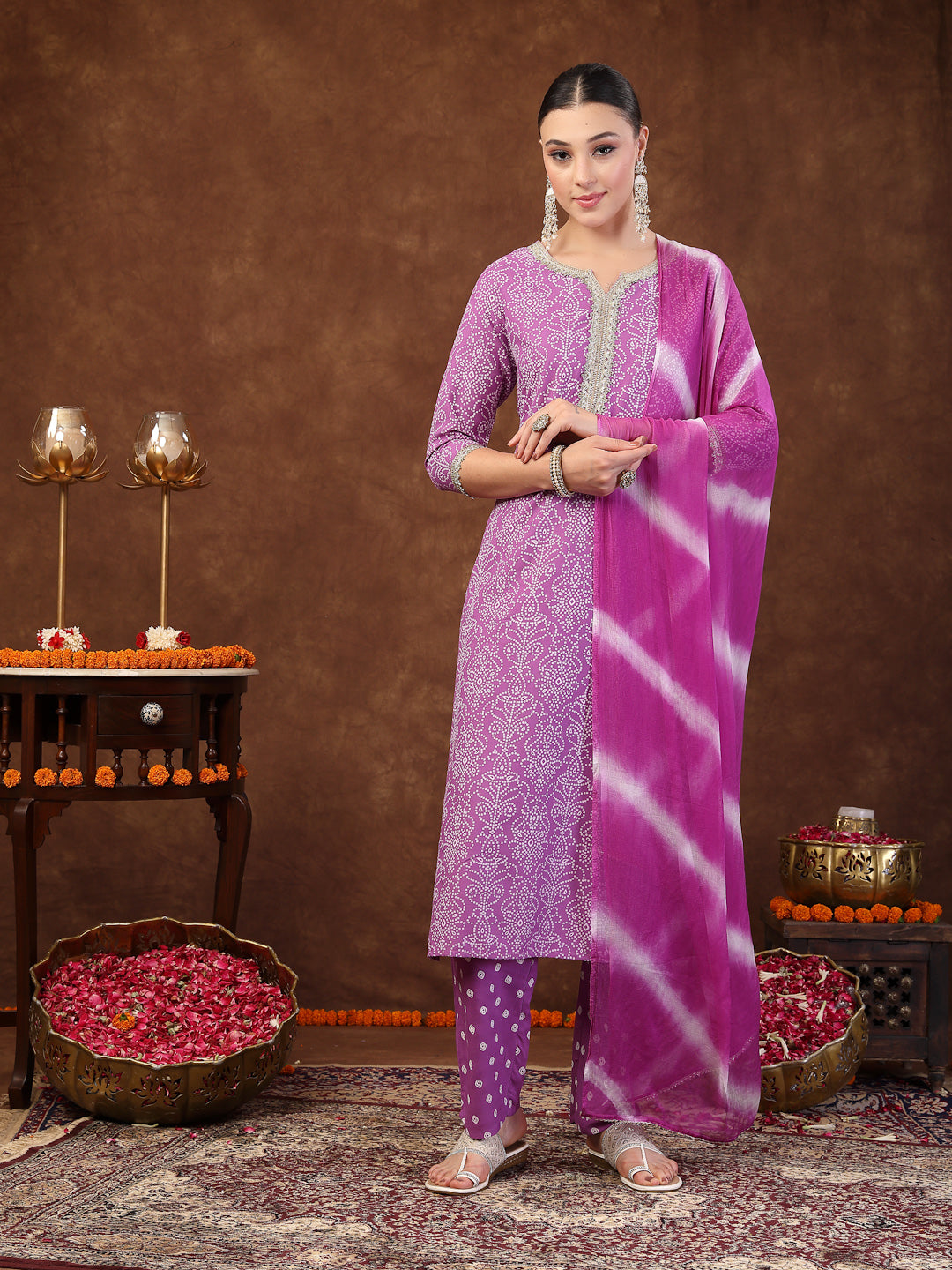 Purple-Rayon-Bandhani-Printed-Straight-3-Piece-Kurta-Set
