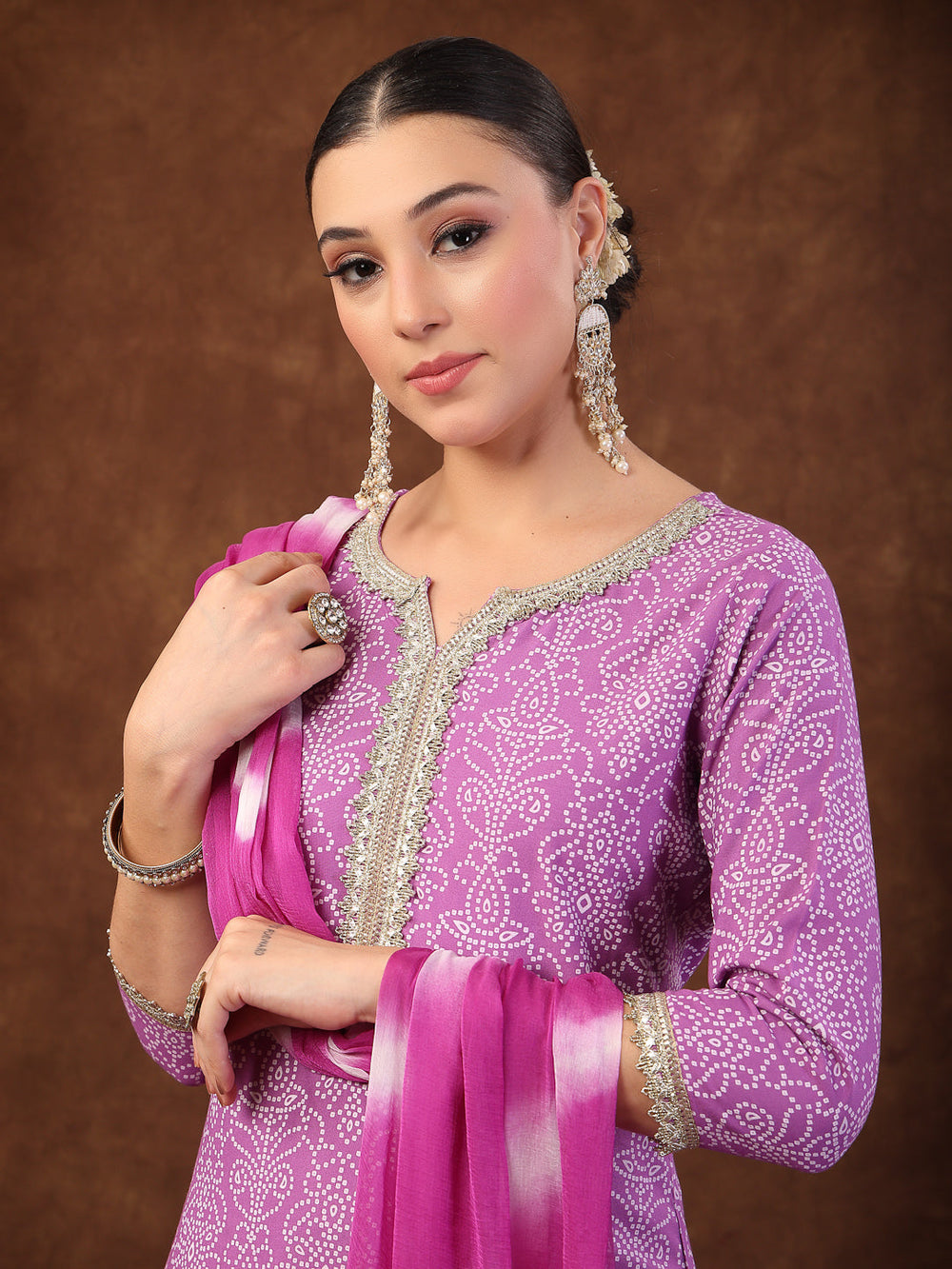 Purple-Rayon-Bandhani-Printed-Straight-3-Piece-Kurta-Set