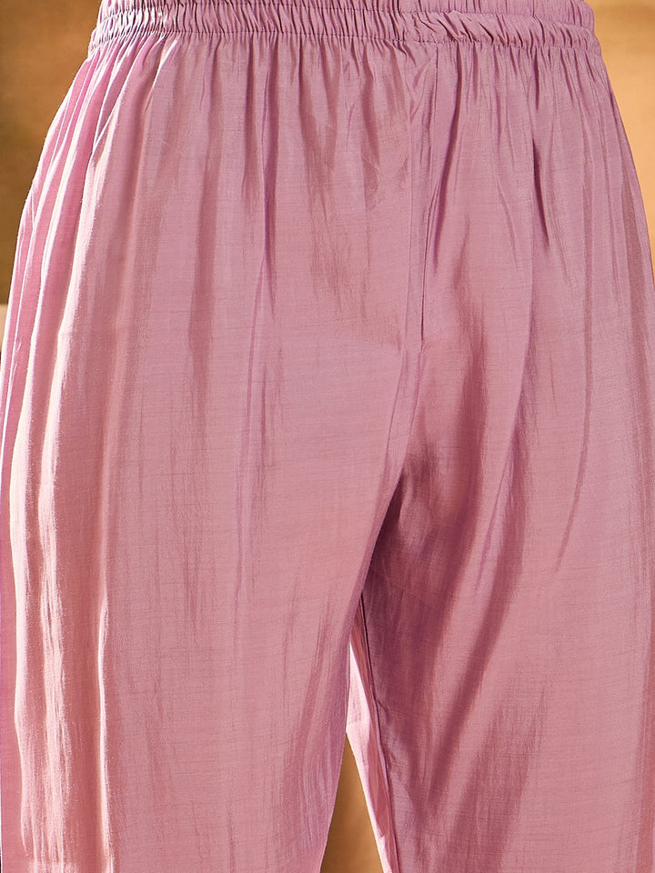 Purple Solid & Embroidered Chinon Silk Straight Kurta Pant Dupatta Set