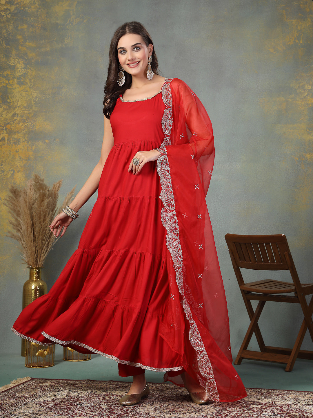 Red-Rayon-Solid-Tiered-3-Piece-Kurta-Set