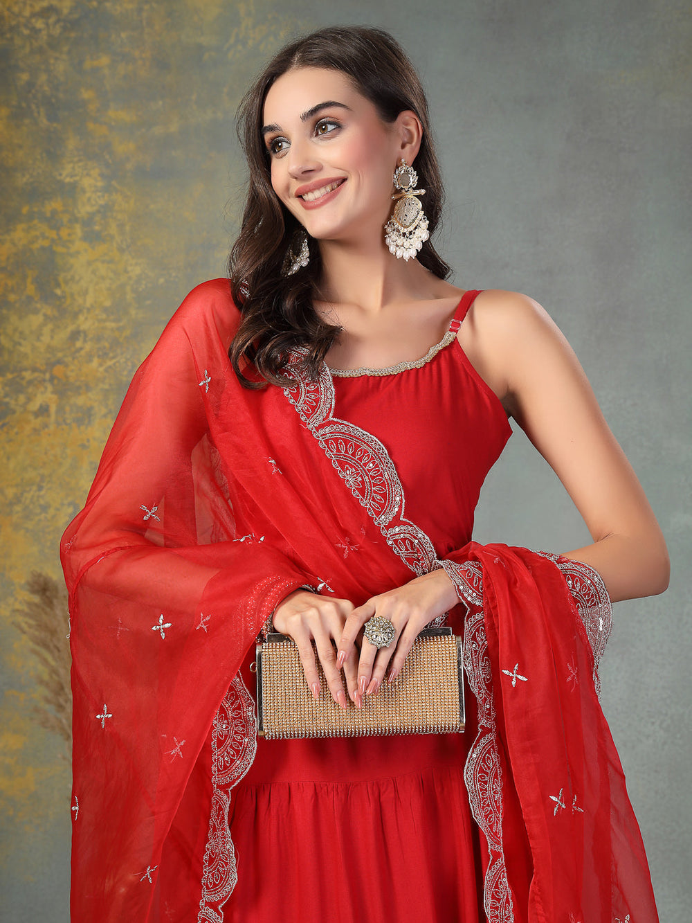 Red-Rayon-Solid-Tiered-3-Piece-Kurta-Set