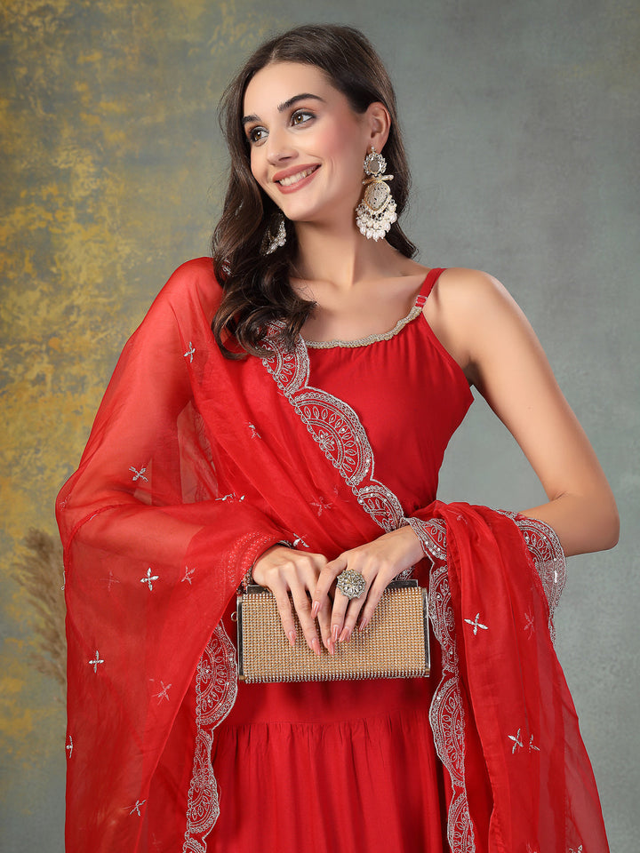 Red-Rayon-Solid-Tiered-3-Piece-Kurta-Set