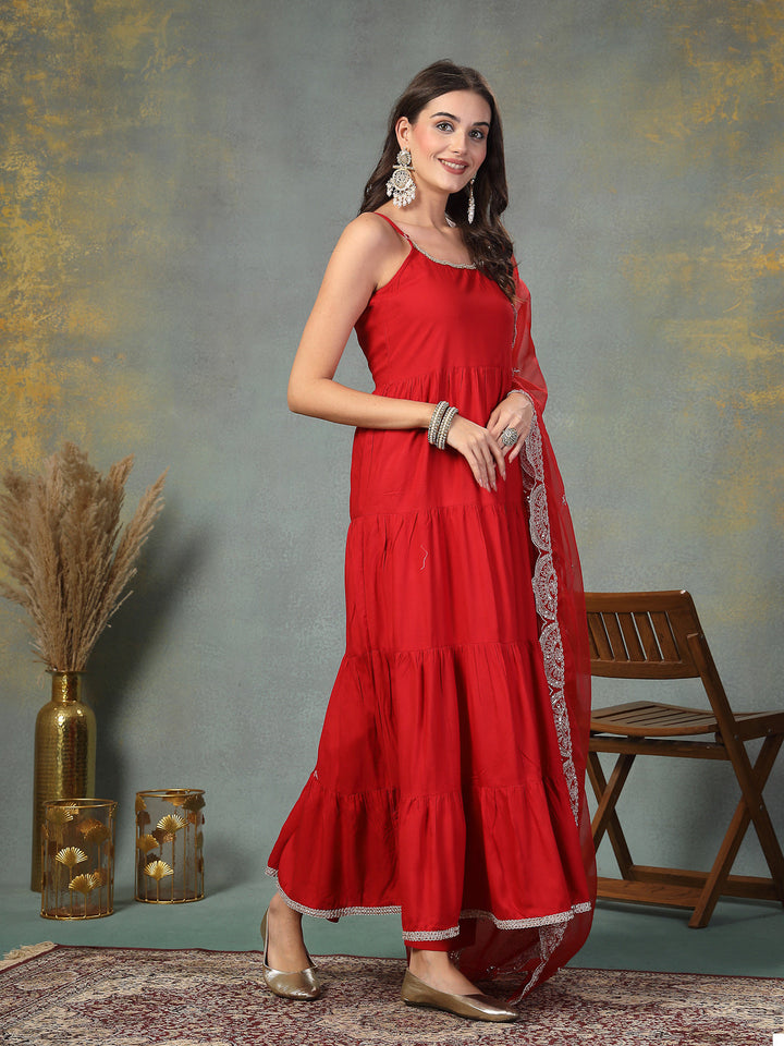 Red-Rayon-Solid-Tiered-3-Piece-Kurta-Set
