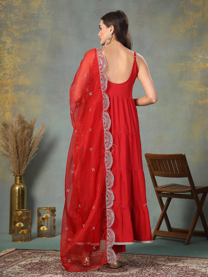 Red-Rayon-Solid-Tiered-3-Piece-Kurta-Set