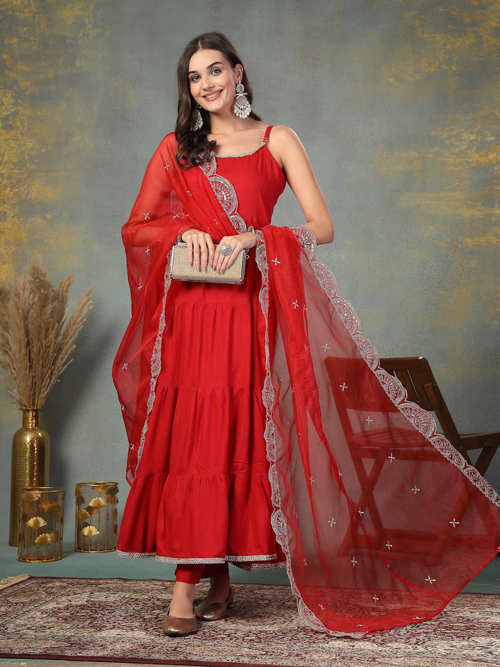 Red-Rayon-Solid-Tiered-3-Piece-Kurta-Set