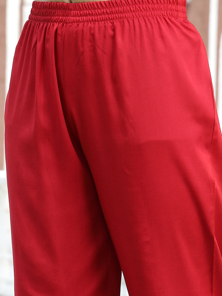 Red Solid & Embroidered Rayon Straight Kurta Pant Dupatta Set