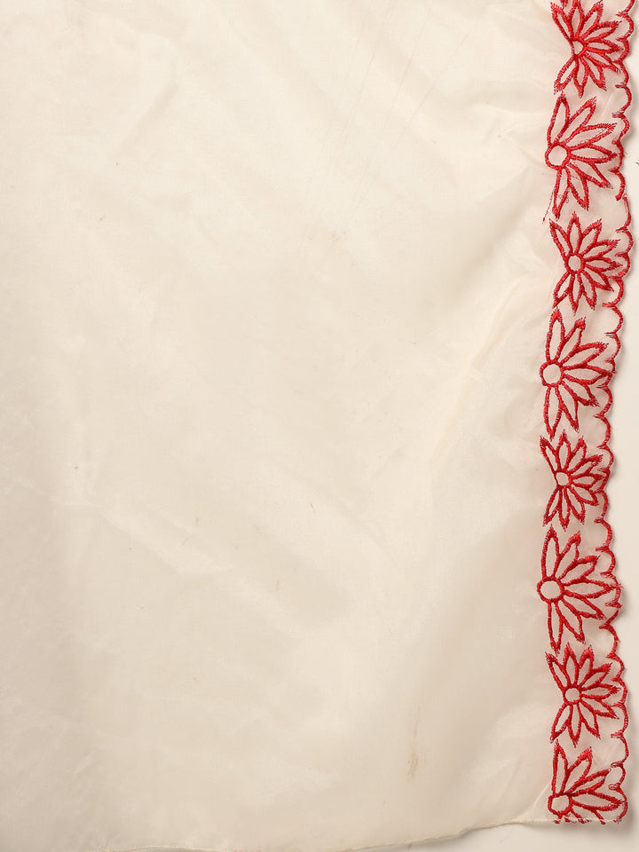 Red Solid & Embroidered Rayon Straight Kurta Pant Dupatta Set