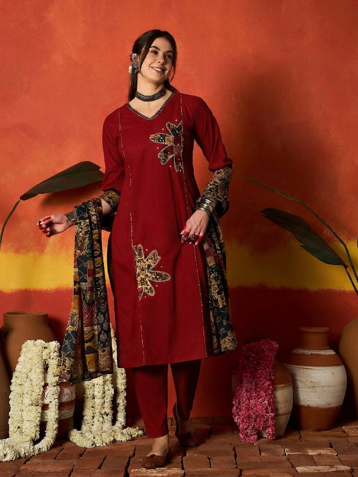 Red Solid Cotton Straight Kurta Pant Dupatta Set