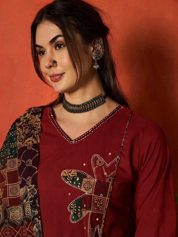 Red Solid Cotton Straight Kurta Pant Dupatta Set