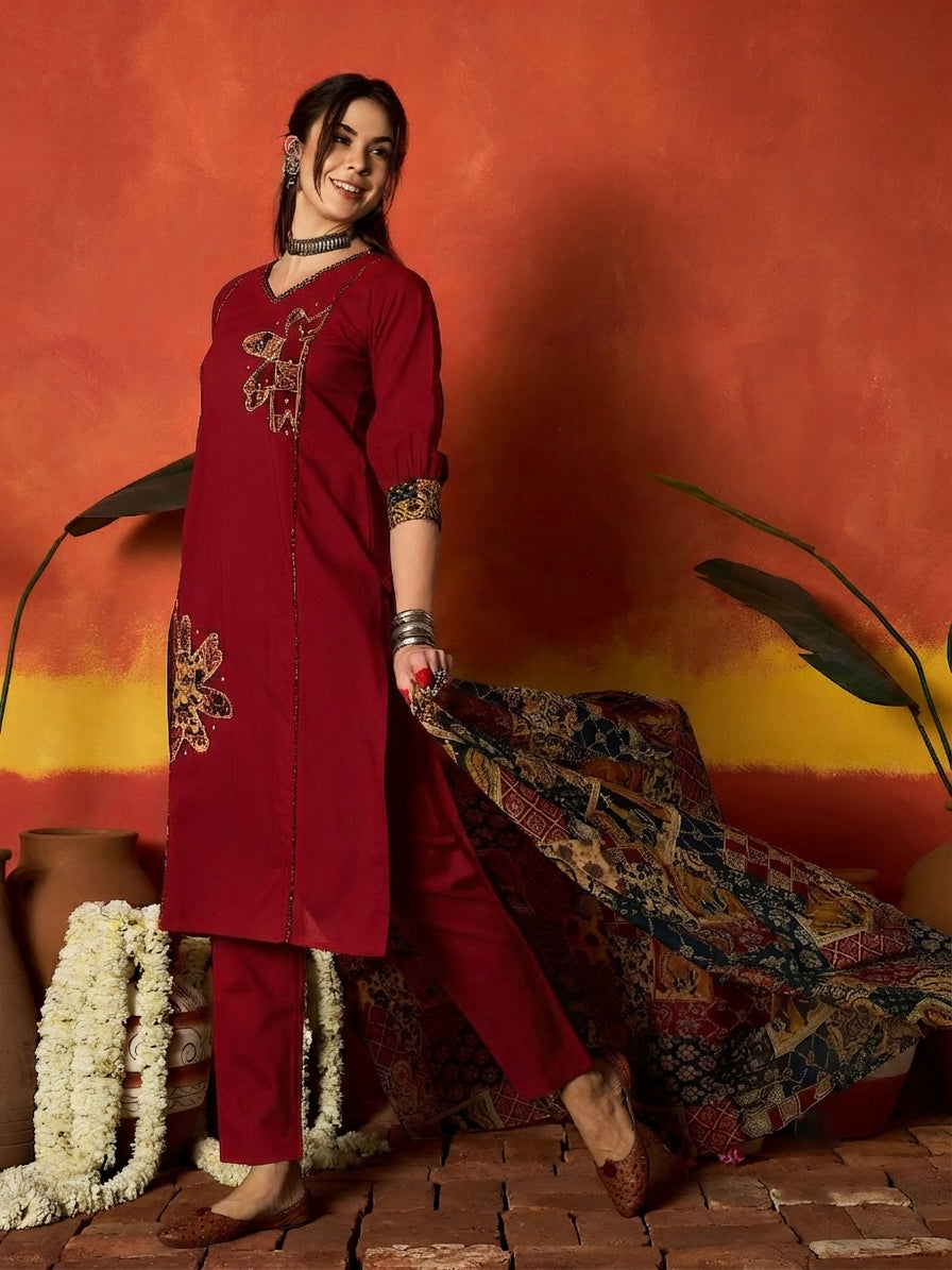 Red Solid Cotton Straight Kurta Pant Dupatta Set