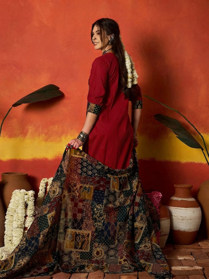 Red Solid Cotton Straight Kurta Pant Dupatta Set
