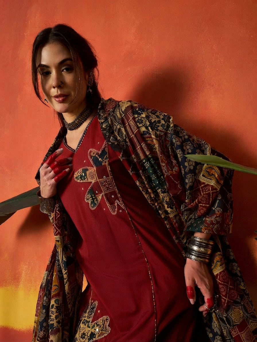Red Solid Cotton Straight Kurta Pant Dupatta Set