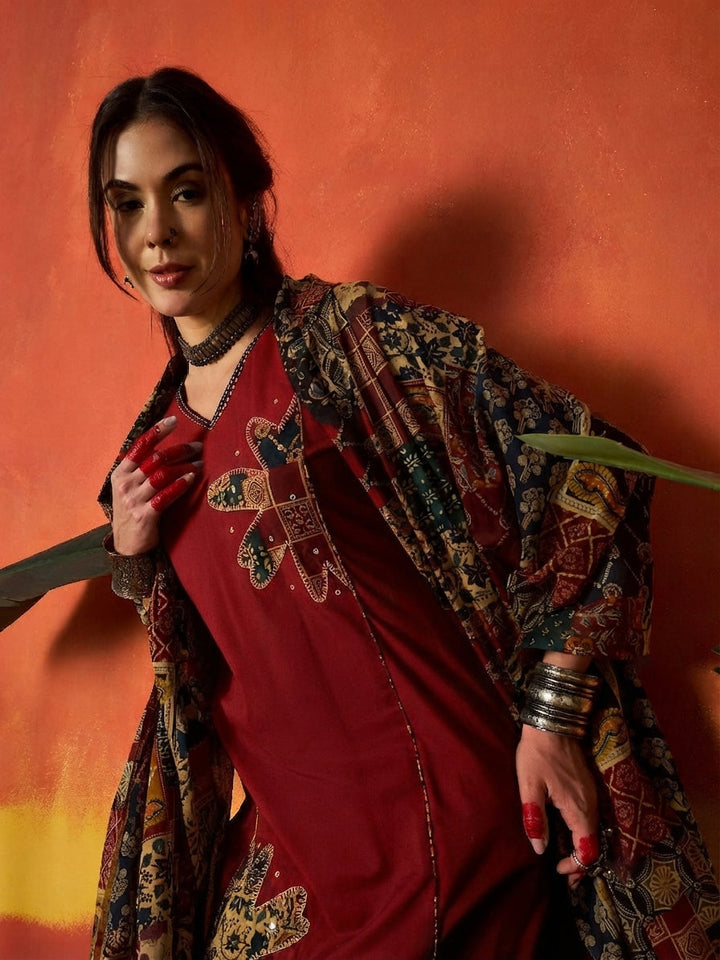 Red Solid Cotton Straight Kurta Pant Dupatta Set