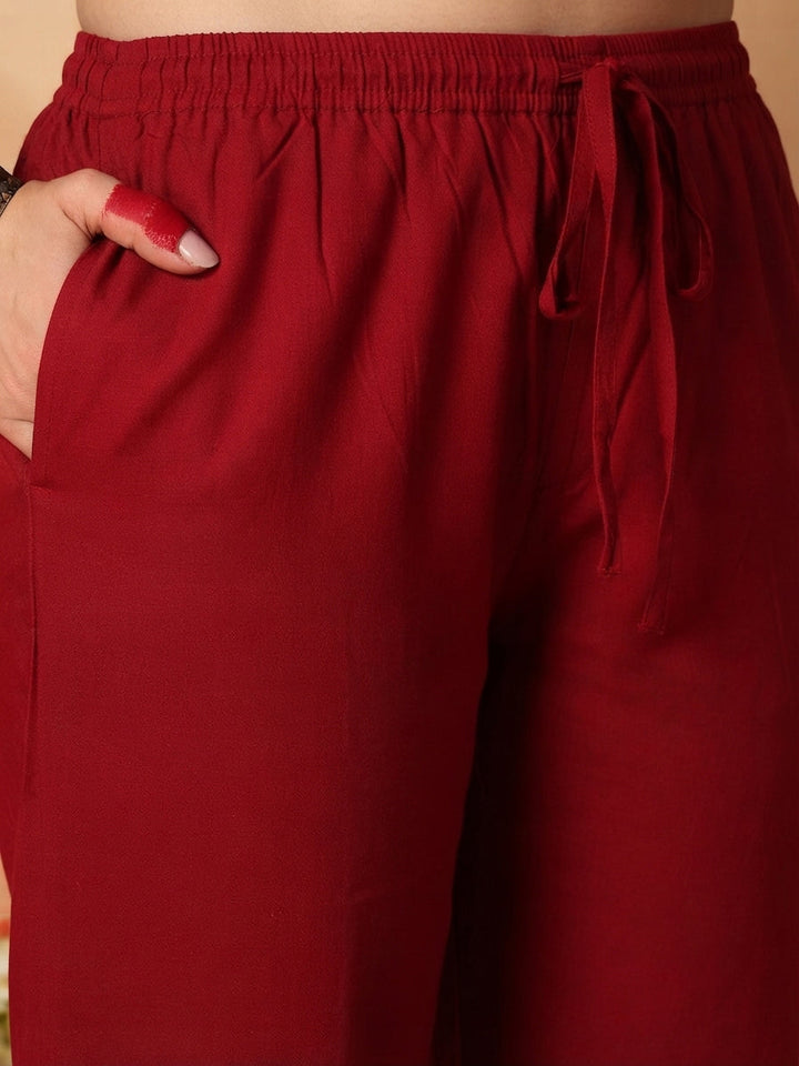 Red Solid Cotton Straight Kurta Pant Dupatta Set