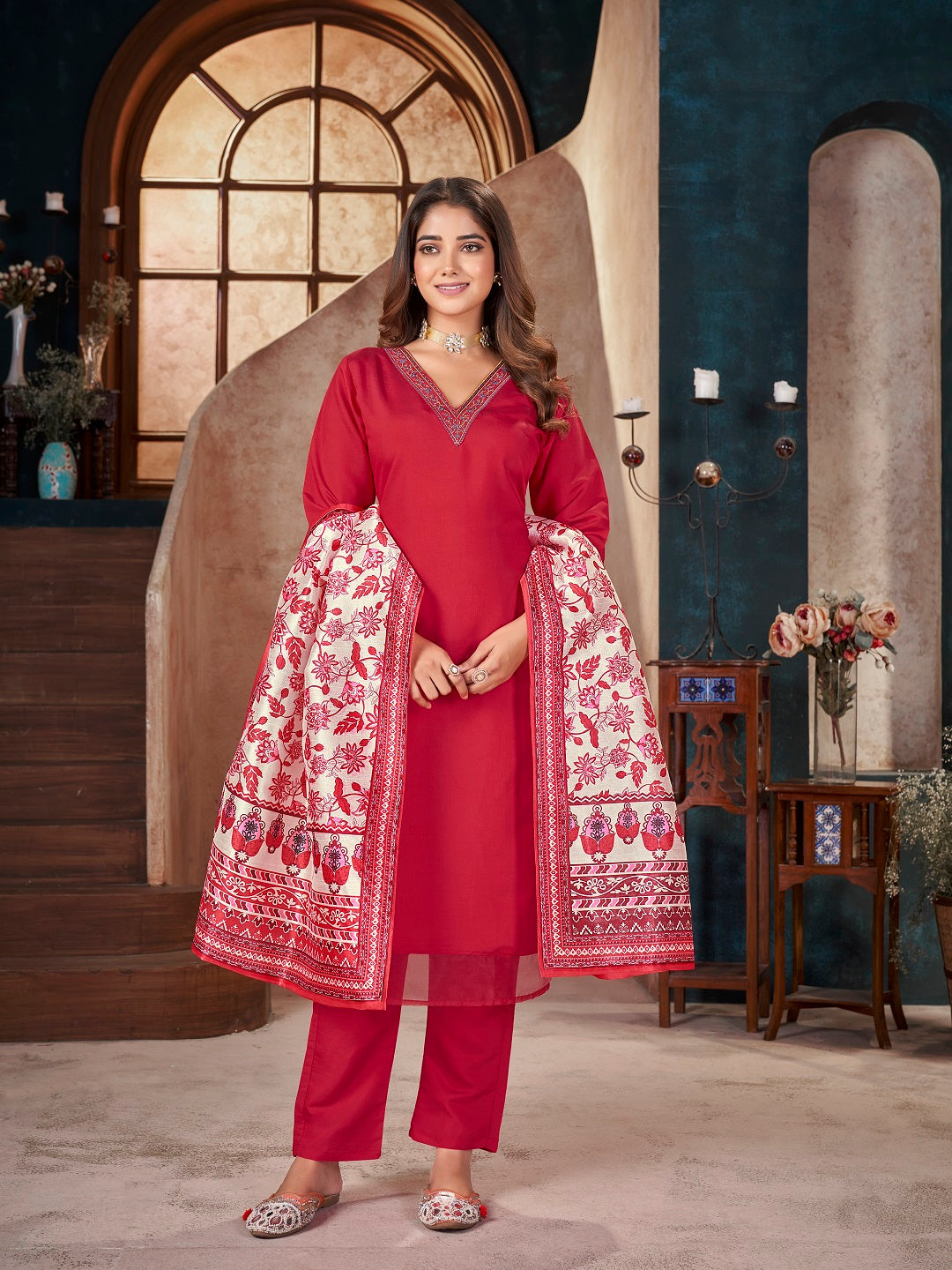 Red-Silk-Solid-&-Embroidered-Straight-3-Piece-Kurta-Set