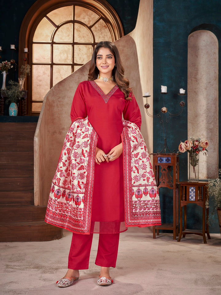 Red-Silk-Solid-&-Embroidered-Straight-3-Piece-Kurta-Set