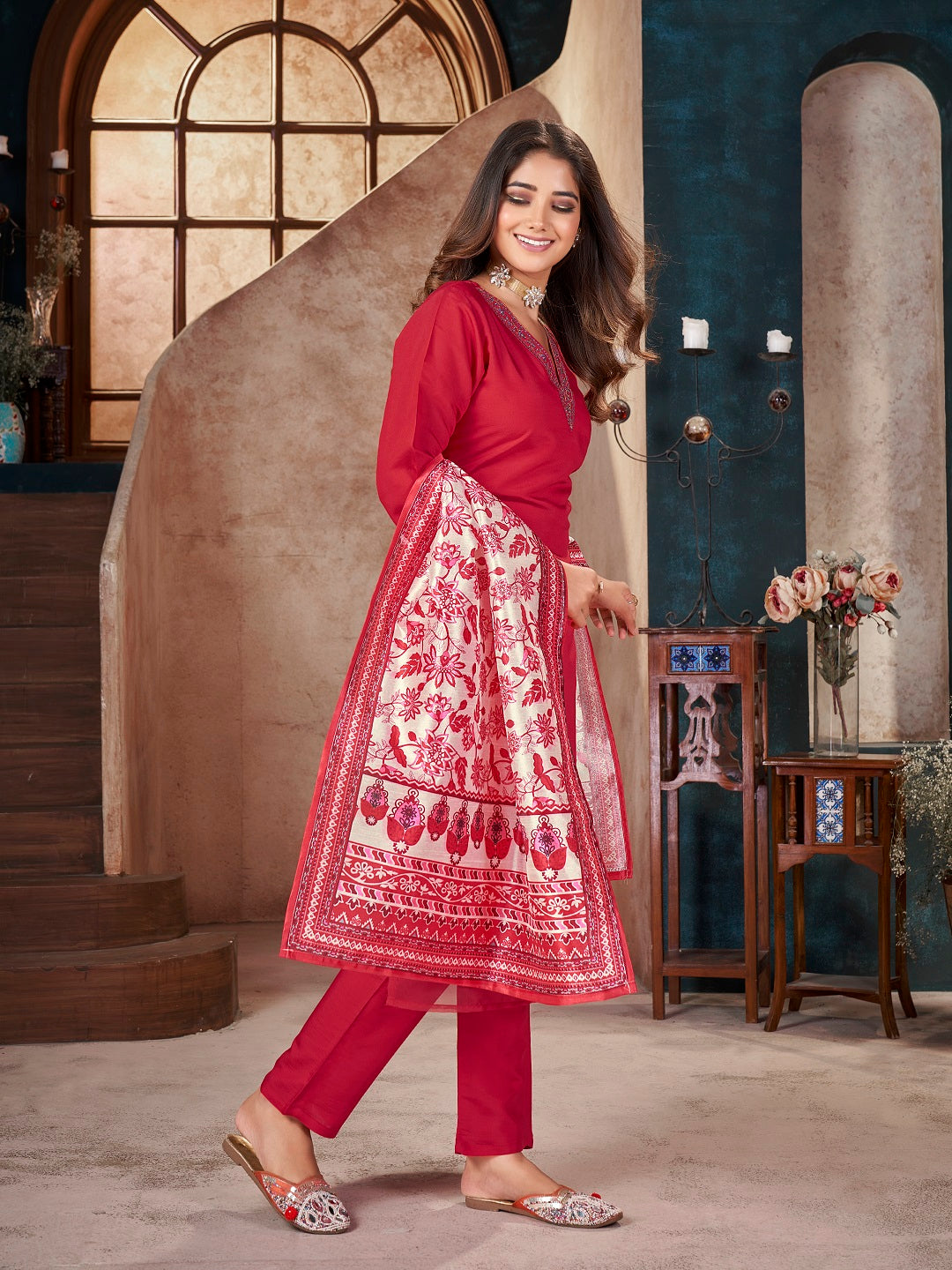 Red-Silk-Solid-&-Embroidered-Straight-3-Piece-Kurta-Set