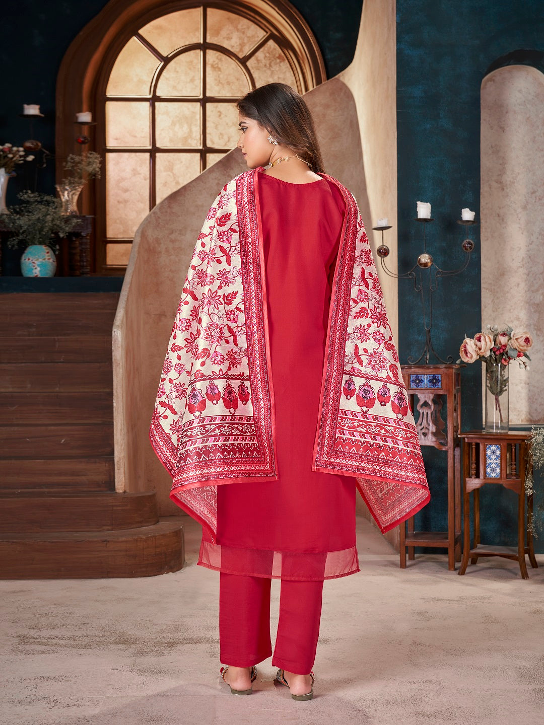 Red-Silk-Solid-&-Embroidered-Straight-3-Piece-Kurta-Set