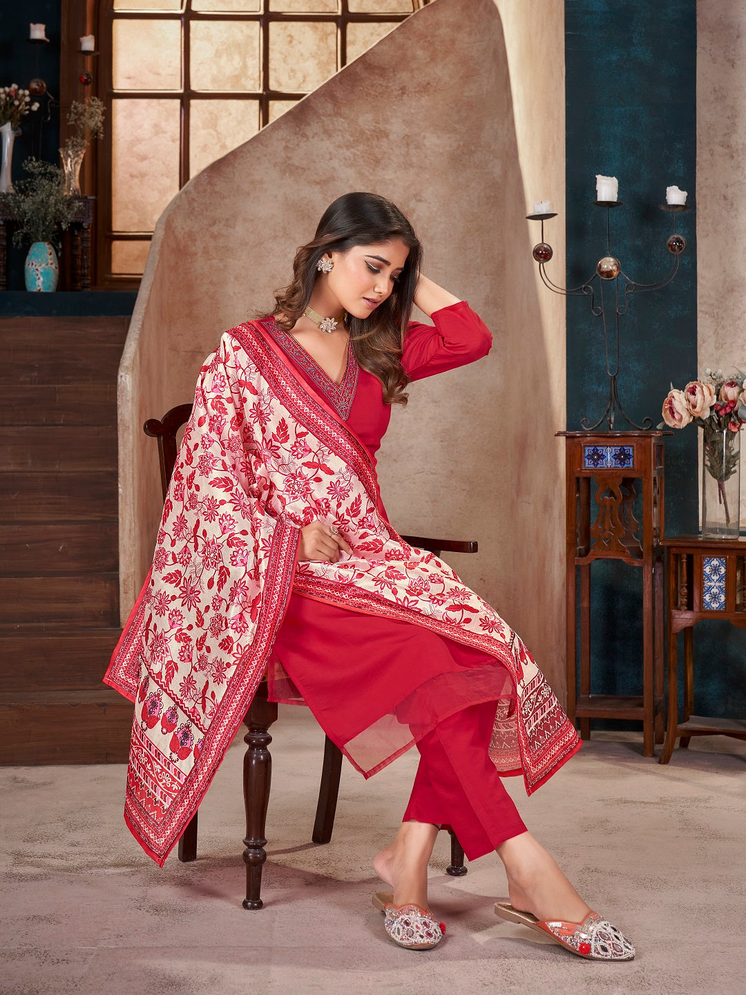 Red-Silk-Solid-&-Embroidered-Straight-3-Piece-Kurta-Set