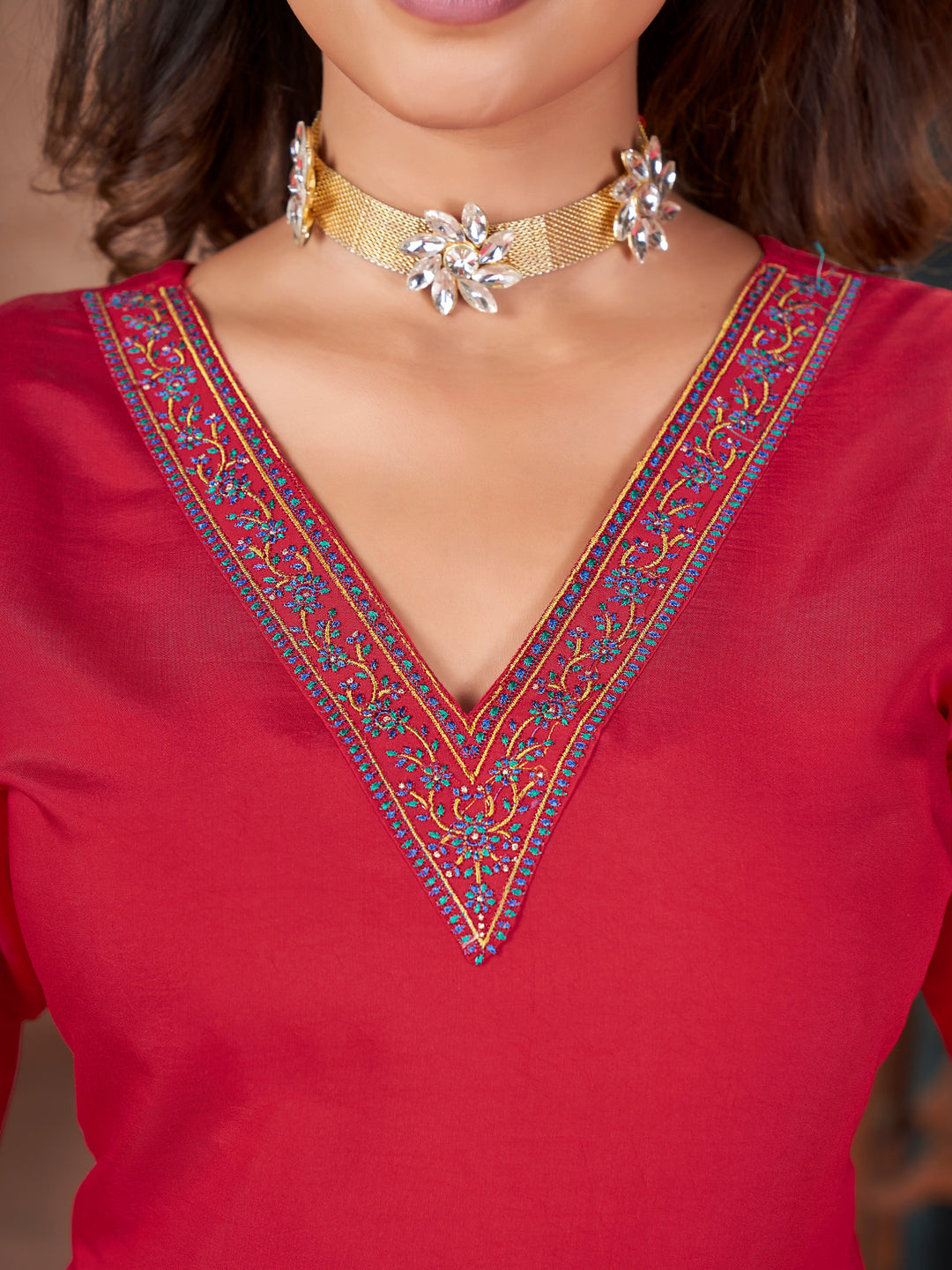 Red-Silk-Solid-&-Embroidered-Straight-3-Piece-Kurta-Set