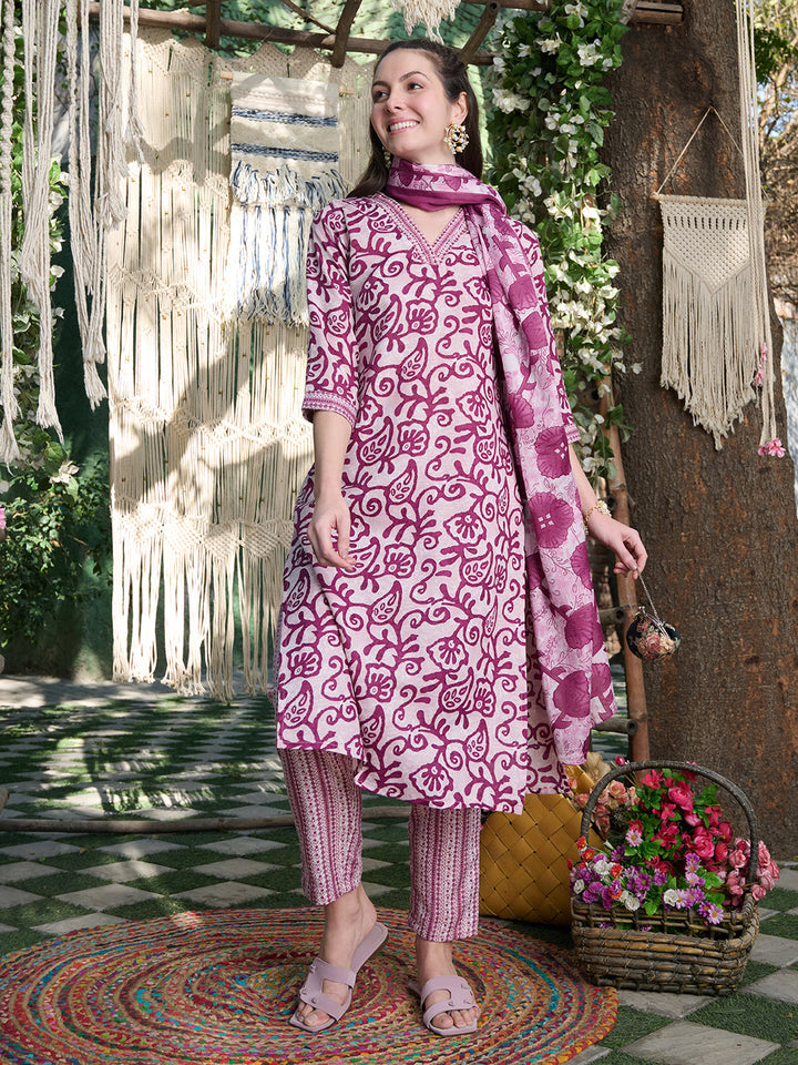 Red-Cotton-Blend-Ethnic-Printed-3-Piece-Kurta-Set