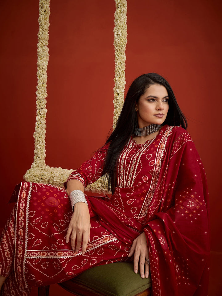 Red Bandhej Printed Cotton Straight Kurta Pant Dupatta Set