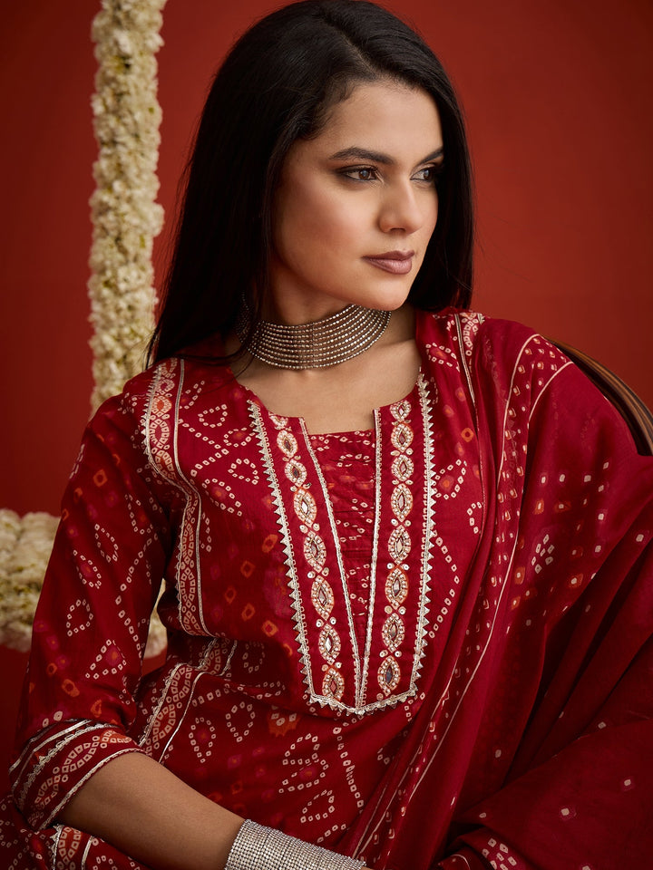 Red Bandhej Printed Cotton Straight Kurta Pant Dupatta Set