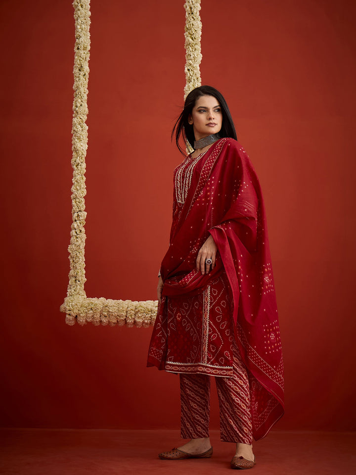 Red Bandhej Printed Cotton Straight Kurta Pant Dupatta Set