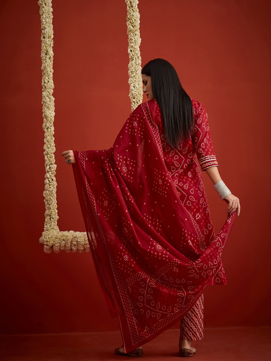 Red Bandhej Printed Cotton Straight Kurta Pant Dupatta Set