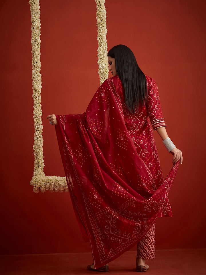 Red Bandhej Printed Cotton Straight Kurta Pant Dupatta Set