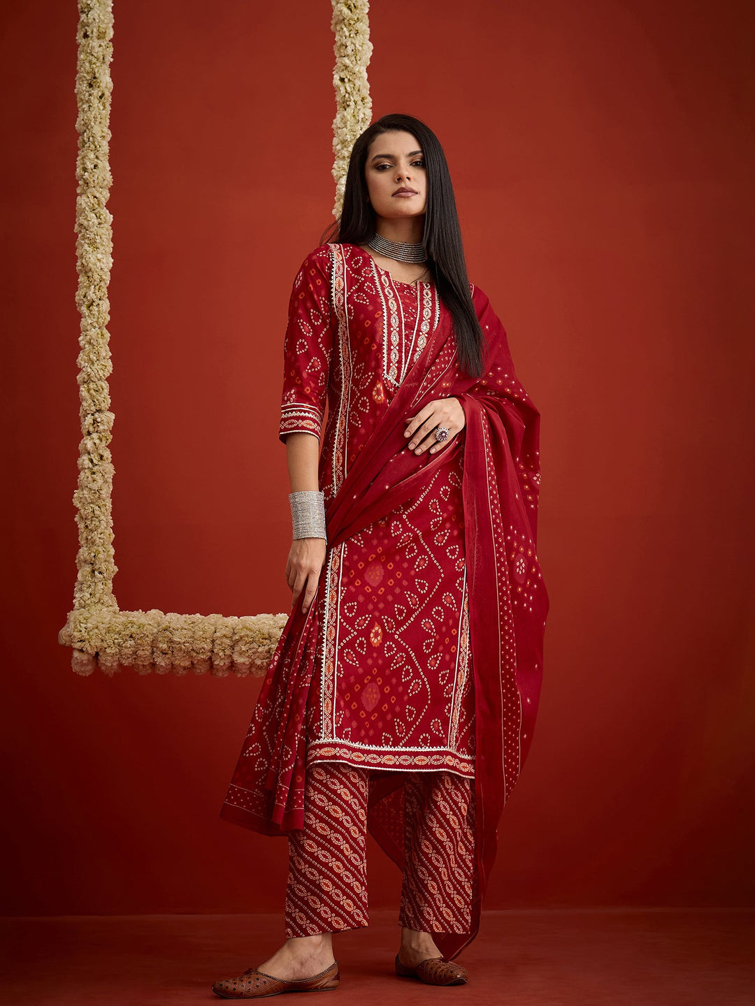 Red Bandhej Printed Cotton Straight Kurta Pant Dupatta Set