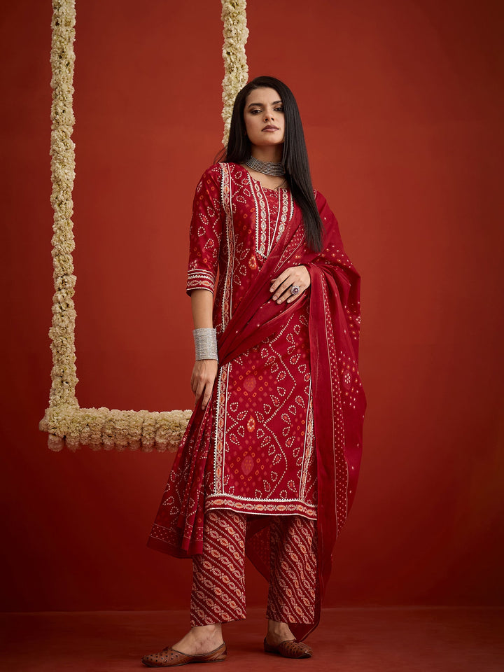 Red Bandhej Printed Cotton Straight Kurta Pant Dupatta Set