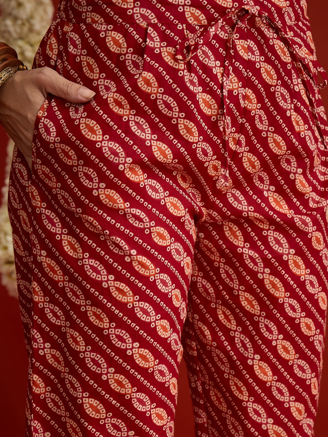 Red Bandhej Printed Cotton Straight Kurta Pant Dupatta Set