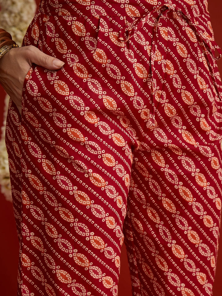 Red Bandhej Printed Cotton Straight Kurta Pant Dupatta Set