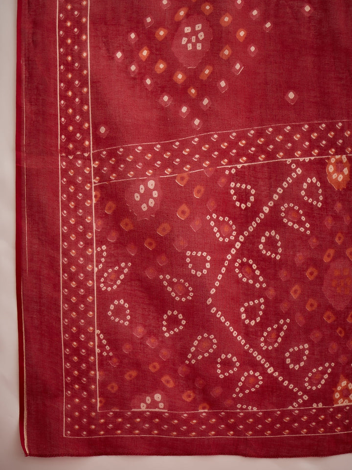 Red Bandhej Printed Cotton Straight Kurta Pant Dupatta Set
