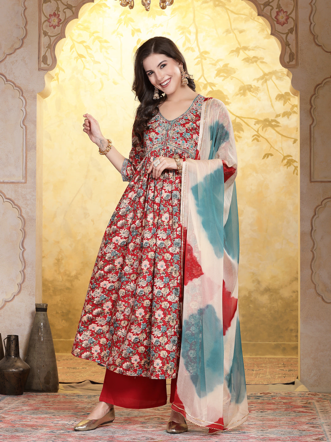 Red-Rayon-Floral-Printed-Flared-3-Piece-Kurta-Set