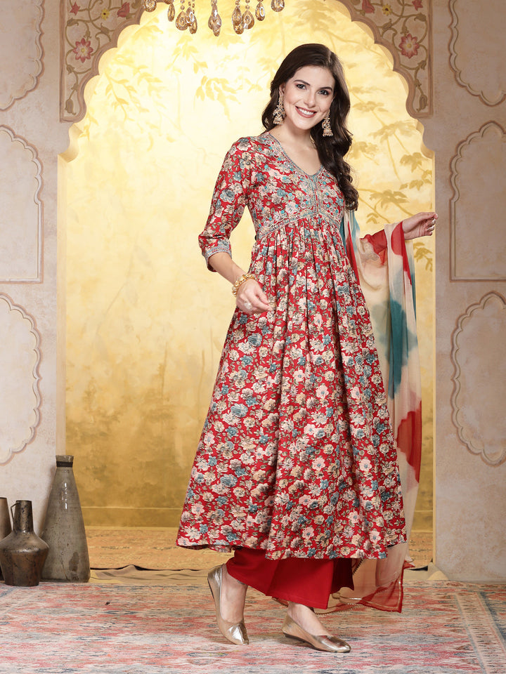 Red-Rayon-Floral-Printed-Flared-3-Piece-Kurta-Set