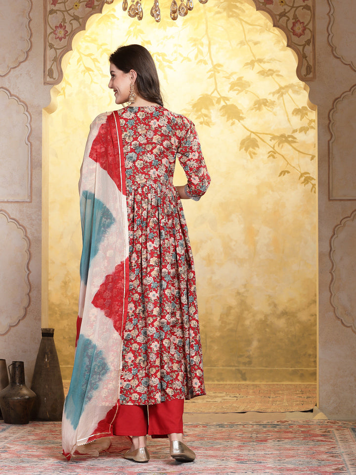 Red-Rayon-Floral-Printed-Flared-3-Piece-Kurta-Set