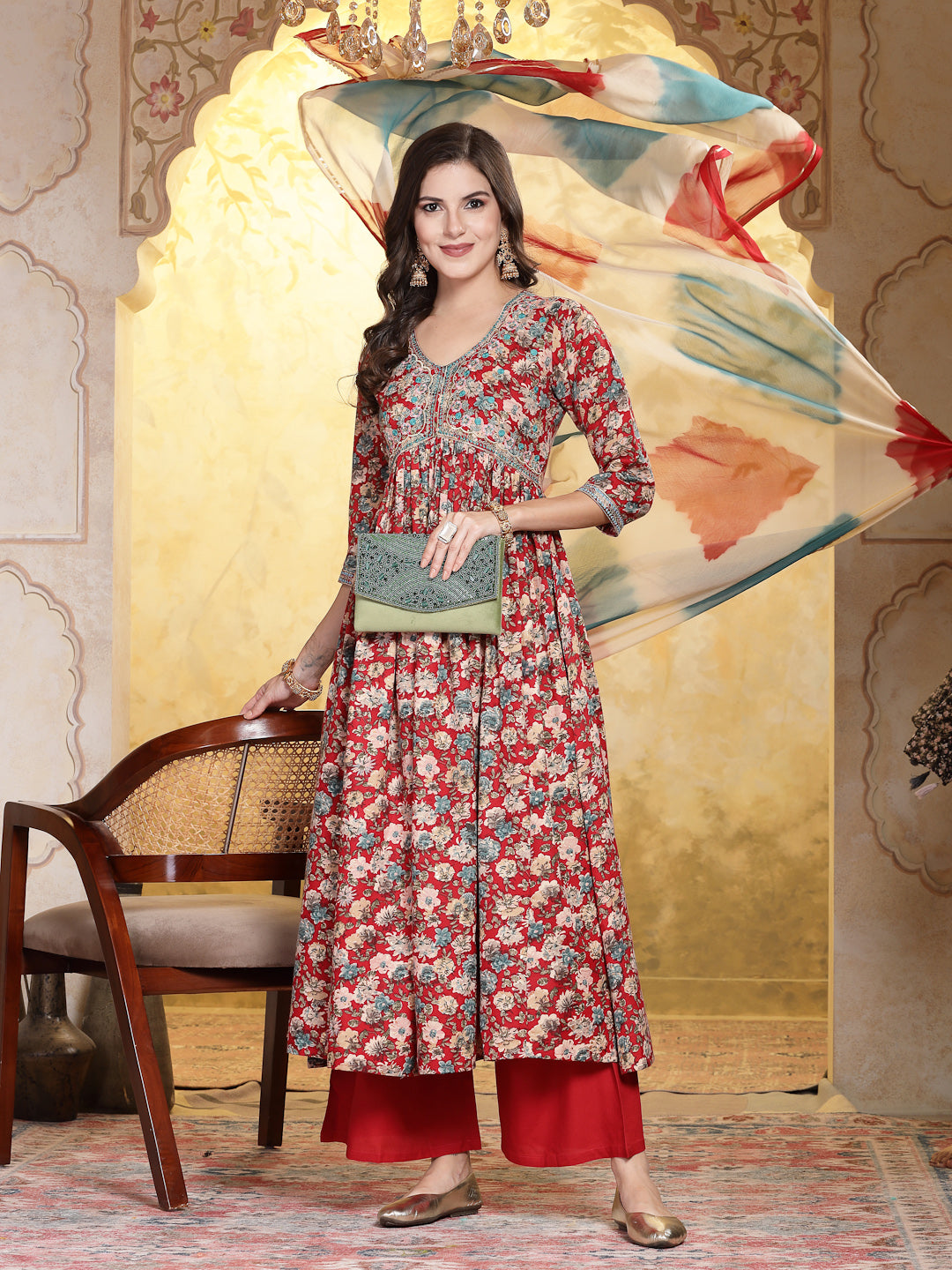 Red-Rayon-Floral-Printed-Flared-3-Piece-Kurta-Set