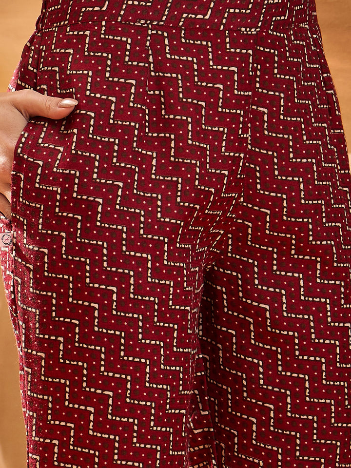 Red Ethnic Printed Cotton Straight Kurta Pant Dupatta Set