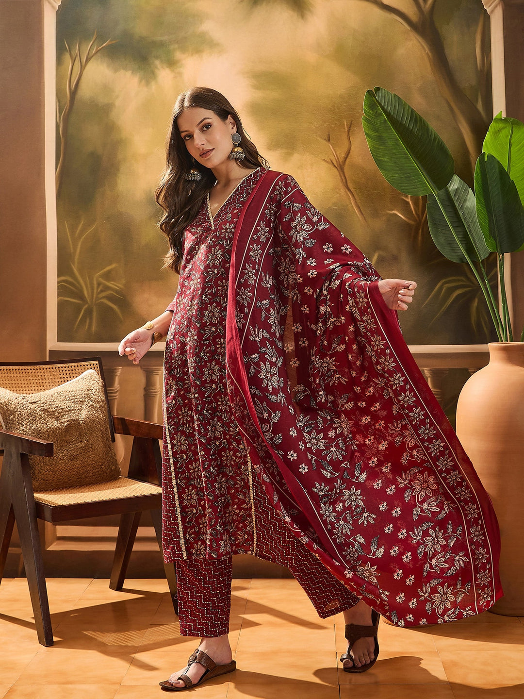 Red Ethnic Printed Cotton Straight Kurta Pant Dupatta Set