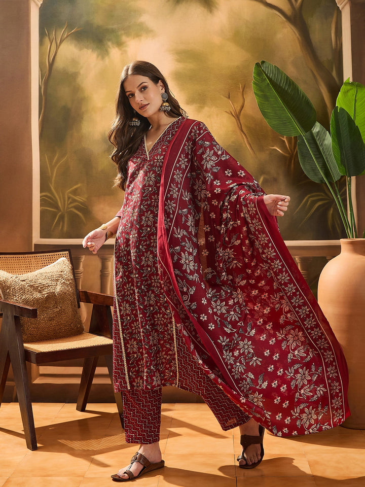 Red Ethnic Printed Cotton Straight Kurta Pant Dupatta Set