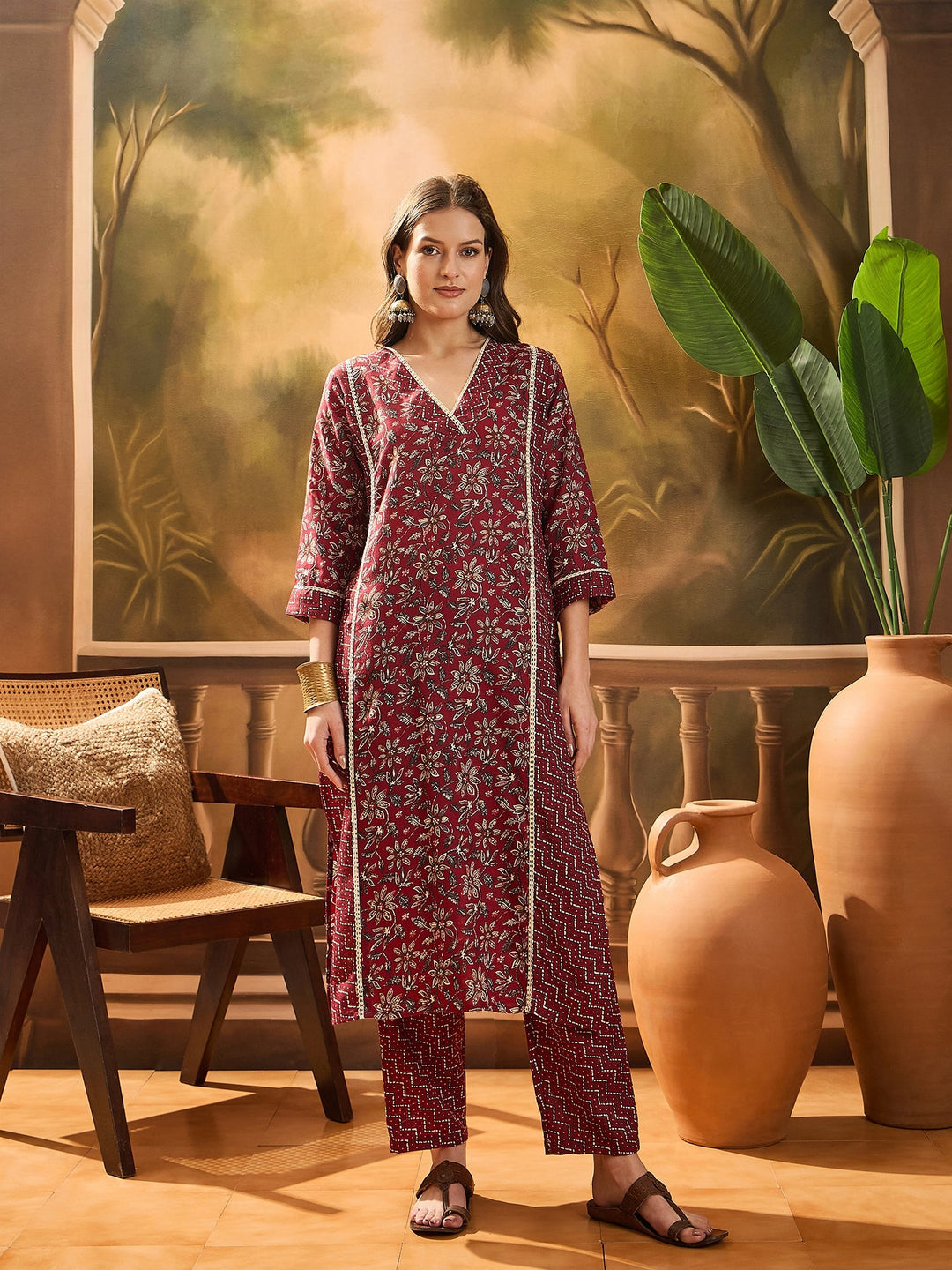 Red Ethnic Printed Cotton Straight Kurta Pant Dupatta Set