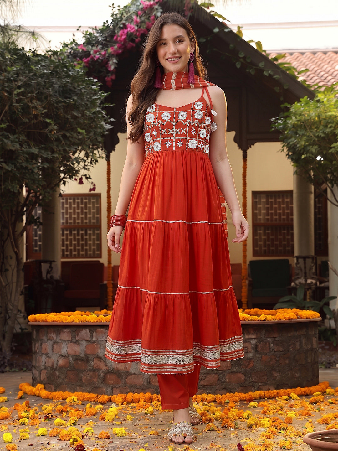 Rust Solid & Embroidered Rayon Tiered Kurta Pant Dupatta Set