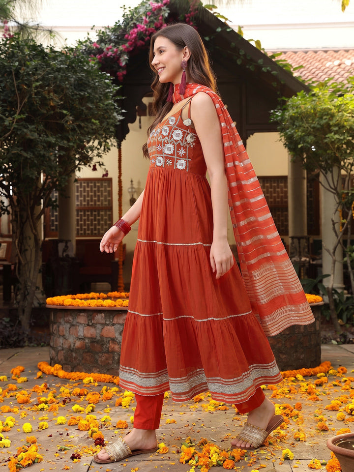 Rust Solid & Embroidered Rayon Tiered Kurta Pant Dupatta Set