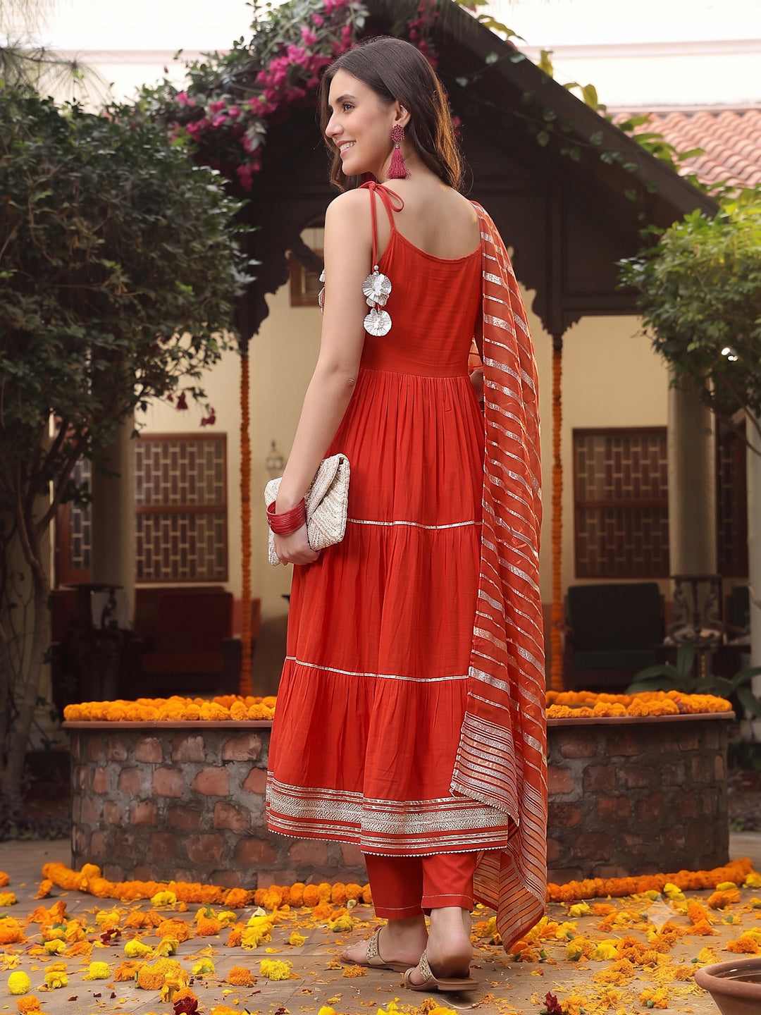 Rust Solid & Embroidered Rayon Tiered Kurta Pant Dupatta Set