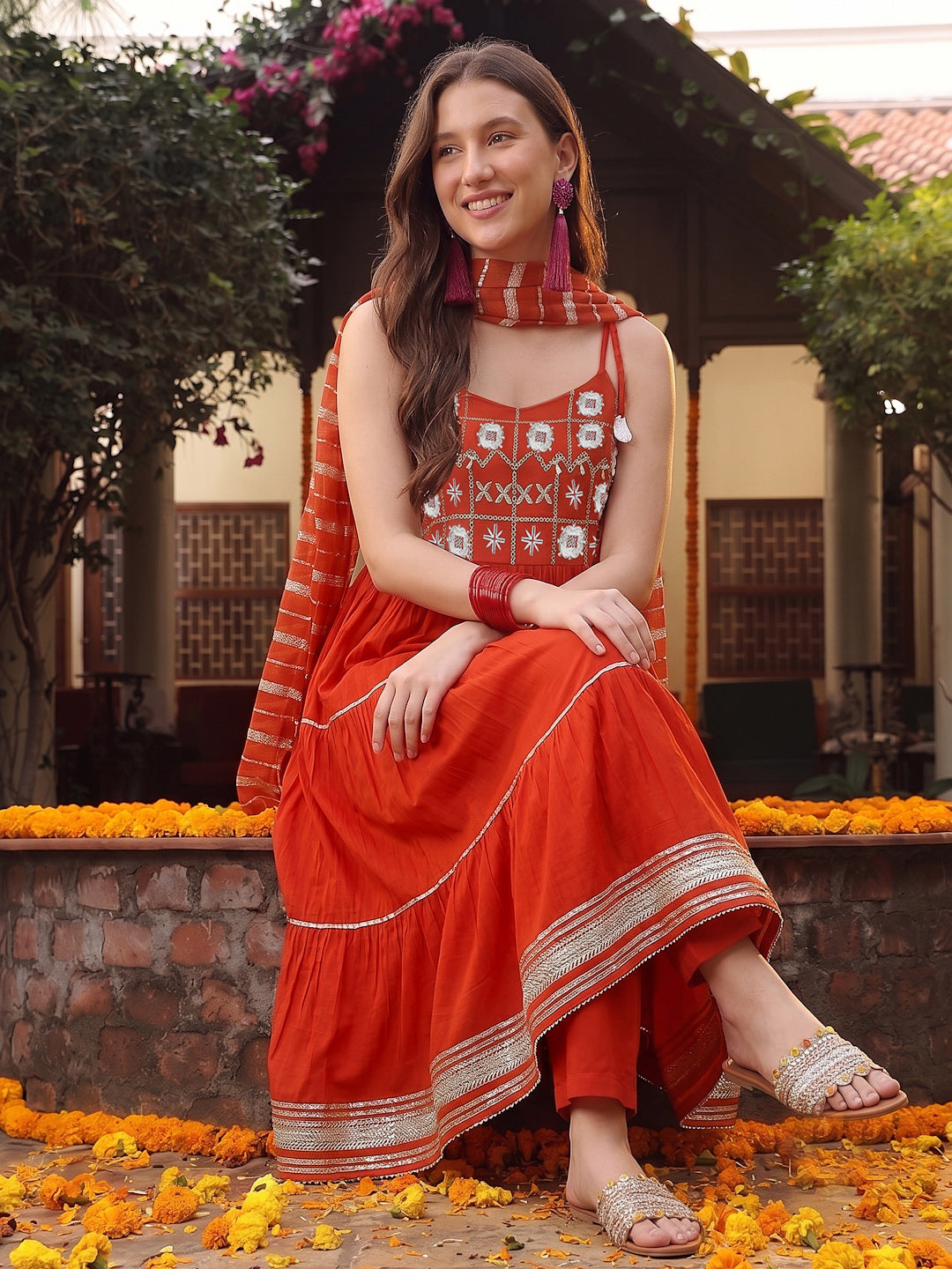 Rust Solid & Embroidered Rayon Tiered Kurta Pant Dupatta Set