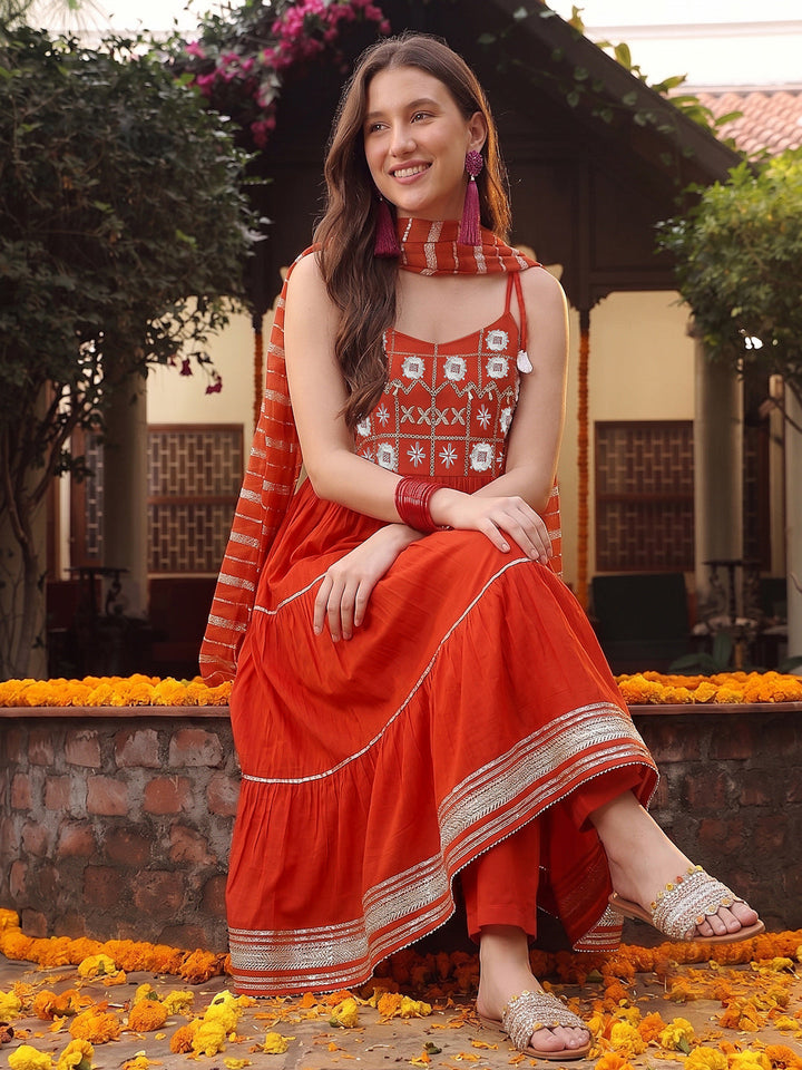 Rust Solid & Embroidered Rayon Tiered Kurta Pant Dupatta Set