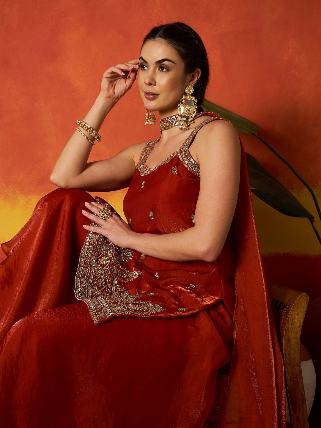Rust Solid & Embroidered Silk Blend Straight Kurti Palazzo Dupatta Set