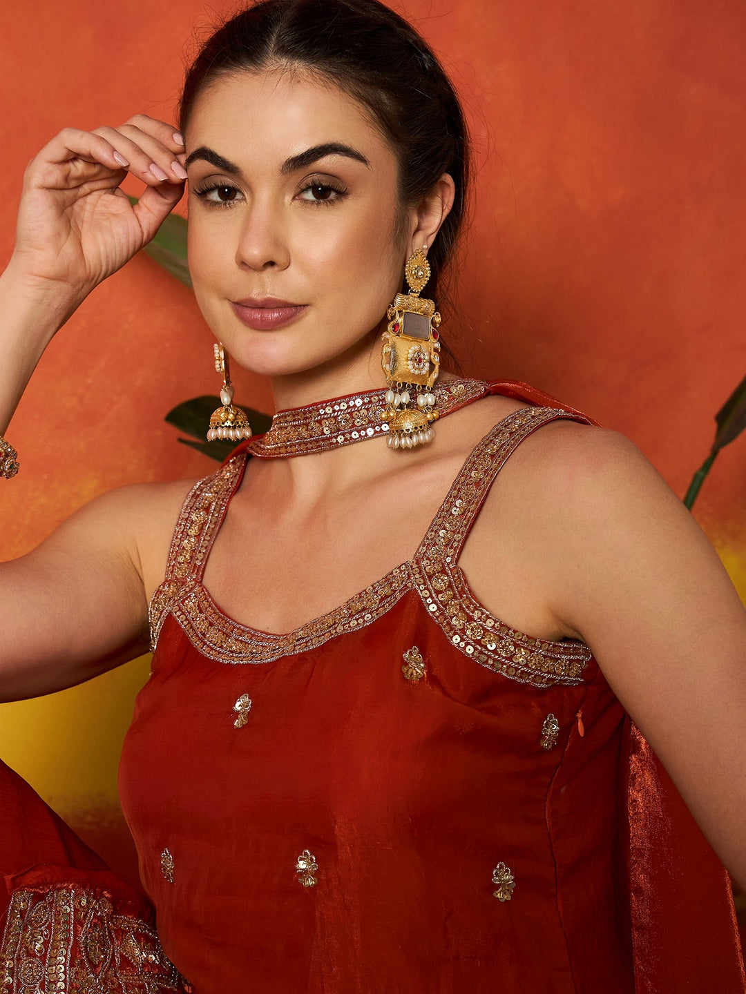 Rust Solid & Embroidered Silk Blend Straight Kurti Palazzo Dupatta Set